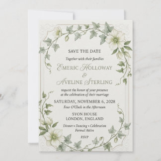 White Hellebores, Trailing Ivy Leaves, Embossed Co Invitation