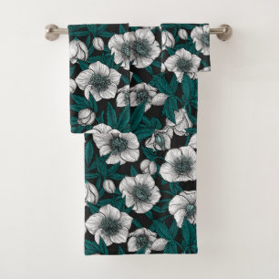 White Hellebores with blue leaves Bath Towel Set