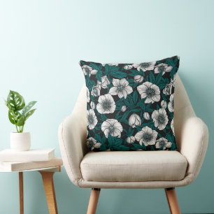 White Hellebores with blue leaves Cushion