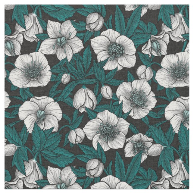 White Hellebores with blue leaves Fabric (Close Up)