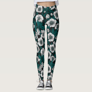 White Hellebores with blue leaves Leggings