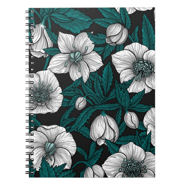 White Hellebores with blue leaves Notebook (Front)