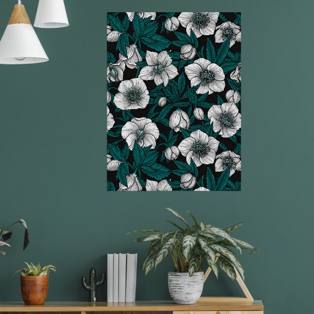 White Hellebores with blue leaves Poster (Living Room 1)