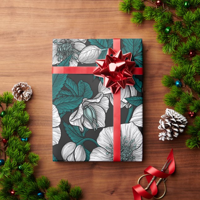 White Hellebores with blue leaves Wrapping Paper (Holiday Gift)