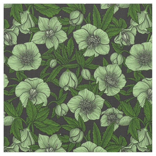 White Hellebores with leaves Fabric (Close Up)