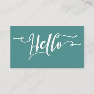 White Hello Script Typography Over Editable Teal Business Card