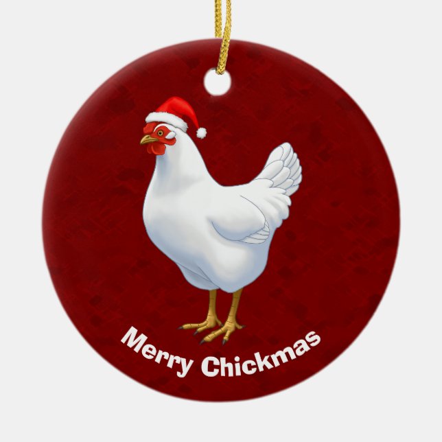 White Hen in Santa Hat Merry Chickmas Ceramic Tree Decoration (Front)