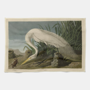 White Heron, Great Egret, Audubon Birds of America Tea Towel