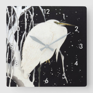 White Heron on Snow Covered Willow, Ohara Koson Square Wall Clock