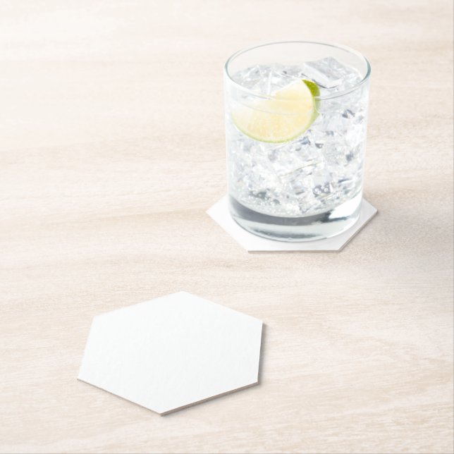 White Hexagon Pointed Tip Paper Coaster (Insitu)