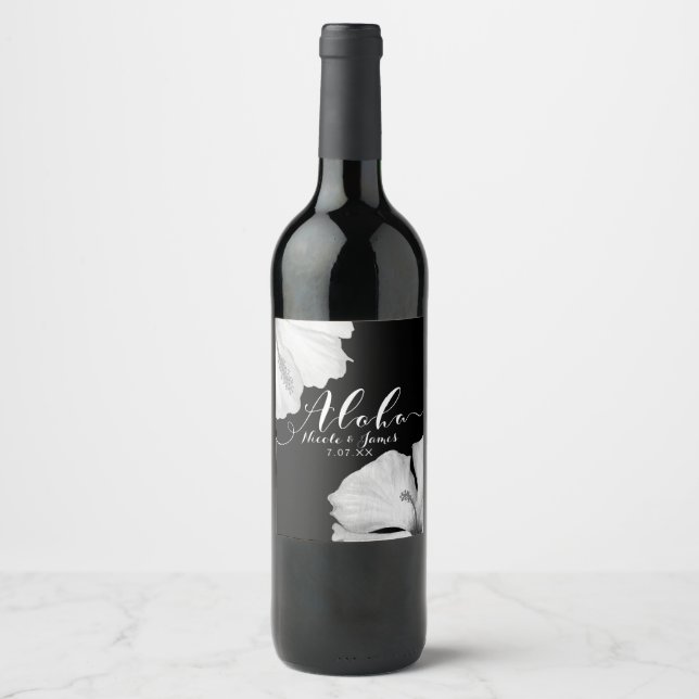 White Hibiscus Black Tropical Wedding Aloha Wine Label (Front)