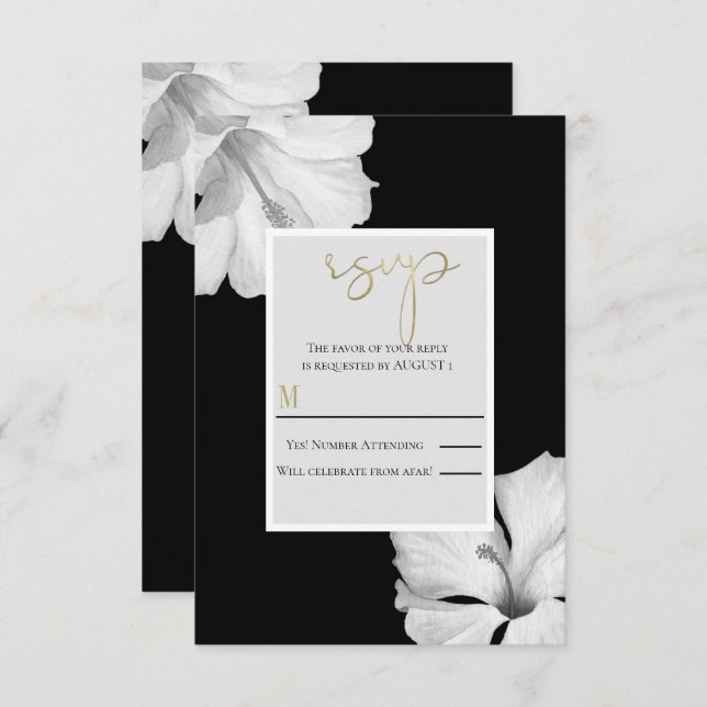 White Hibiscus Black Tropical Wedding RSVP Reply  Invitation (Front/Back)