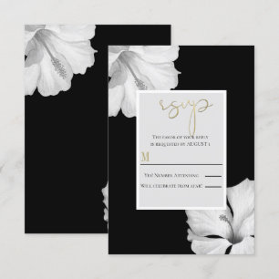 White Hibiscus Black Tropical Wedding RSVP Reply  Invitation