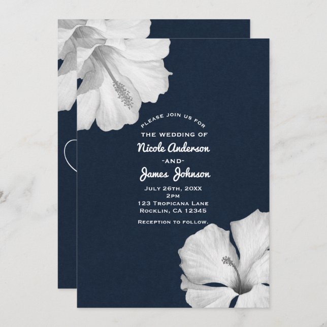 White Hibiscus Blue Tropical Wedding Invitations (Front/Back)