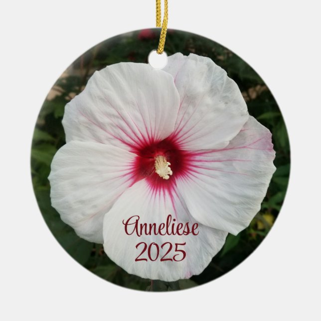 White Hibiscus Flower Photograph Ceramic Tree Decoration (Front)