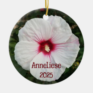 White Hibiscus Flower Photograph Ceramic Tree Decoration