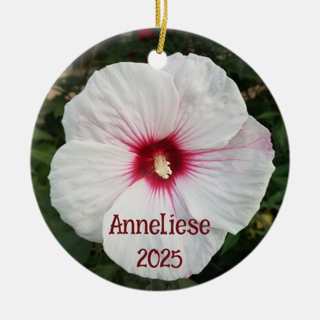 White Hibiscus Flower Photograph Ceramic Tree Decoration (Front)