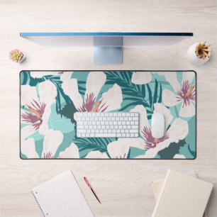 White Hibiscus Flower Tropical Greenery Desk Mat