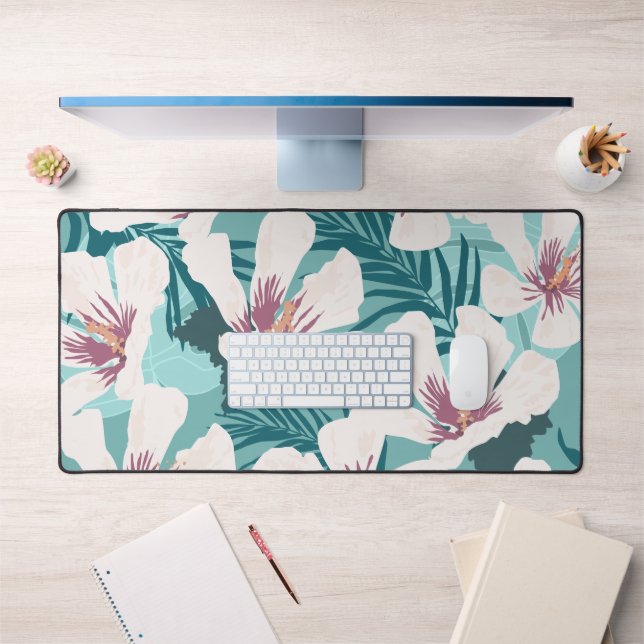 White Hibiscus Flower Tropical Greenery  Desk Mat (Office 1)