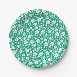 White Hibiscus on Caribbean Green Tropical Paper Plate