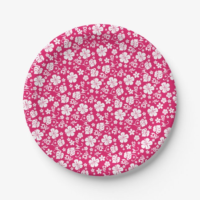White Hibiscus on Hot Pink Tropical Hawaiian Paper Plate (Front)