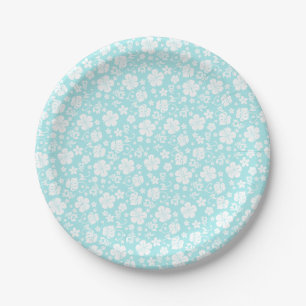 White Hibiscus on Light Aqua Tropical Paper Plate