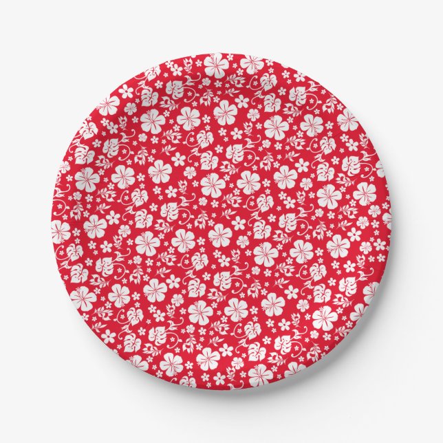 White Hibiscus on Red Tropical Paper Plate (Front)