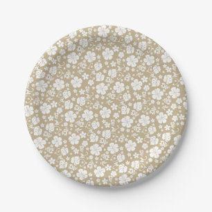 White Hibiscus on Taupe Tropical Paper Plate