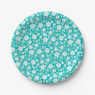 White Hibiscus on Turquoise Tropical Paper Plate