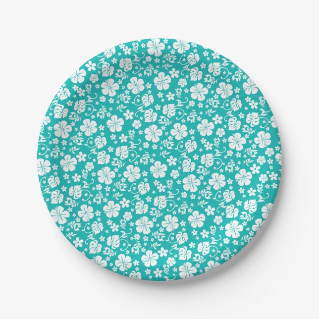 White Hibiscus on Turquoise Tropical Paper Plate (Front)