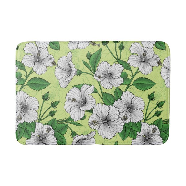 White Hibiscus Tropical Floral Pattern Bath Mat (Front)