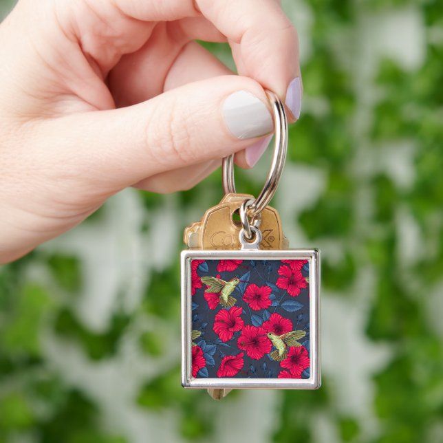 White Hibiscus Tropical Floral Pattern Key Ring (Hand)
