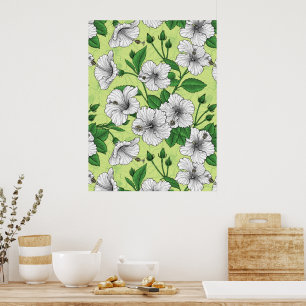 White Hibiscus Tropical Floral Pattern Poster