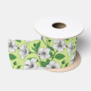 White Hibiscus Tropical Floral Pattern Satin Ribbon