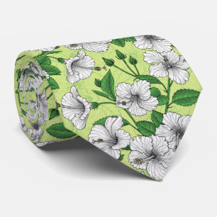 White Hibiscus Tropical Floral Pattern Tie