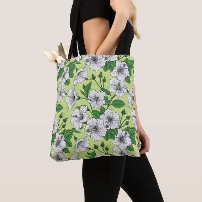 White Hibiscus Tropical Floral Pattern Tote Bag (Close Up)