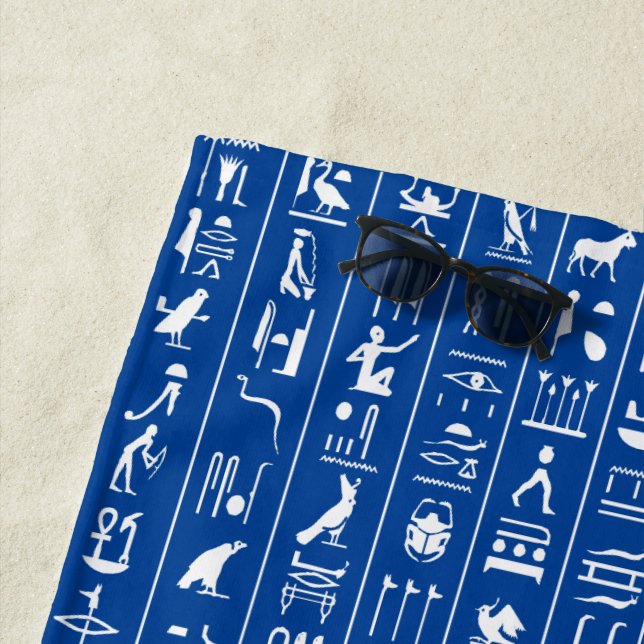White Hieroglyphs On Blue Beach Towel (In Situ)