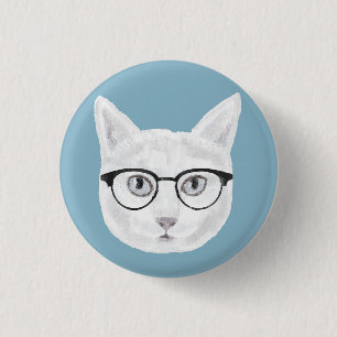 White Hipster Cat Wearing Glasses 3 Cm Round Badge