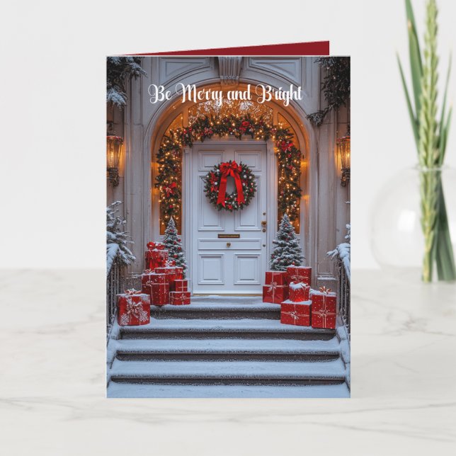 White Holiday Door Photo Wreath Arch Red Gold Card (Front)