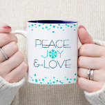 White Holiday Turquoise Snowflake Peace Joy Love Two-Tone Coffee Mug<br><div class="desc">“Peace, joy & love.” A fun, playful, snowflake illustration and modern turquoise and dark blue typography on a white background help you usher in the holiday season. Turquoise confetti dots frame complete the look. Feel the warmth and joy of the holidays whenever you drink out of this stunning, colourful holiday...</div>