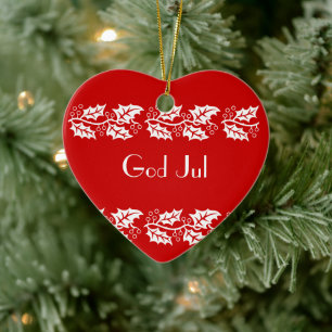 white hollies in red -  God Jul Ceramic Tree Decoration