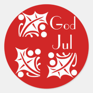 white hollies in red-  God Jul Classic Round Sticker