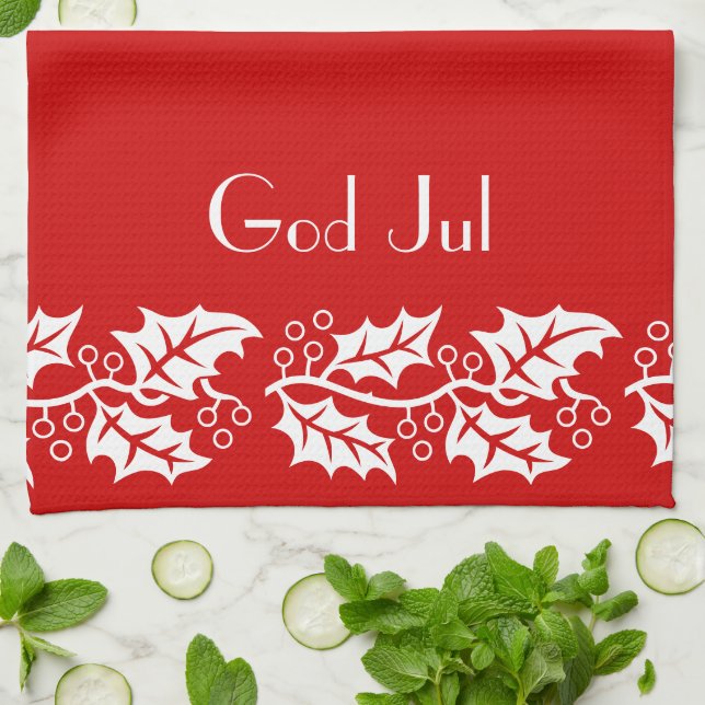 white hollies in red -  God Jul  Tea Towel (Folded)