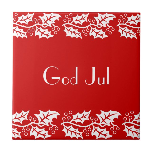white hollies in red -  God Jul Tile (Front)