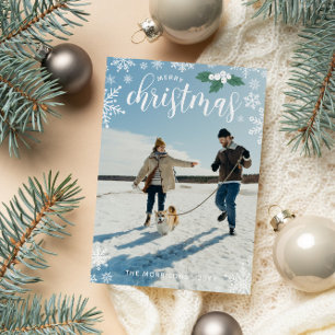 White Holly Snowflakes Merry Christmas Photo Holiday Card