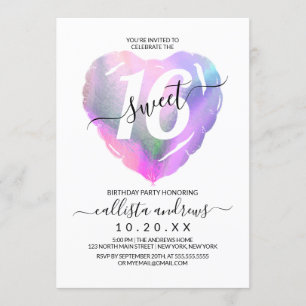 White Holographic Foil Heart Balloon Sweet 16 Invitation