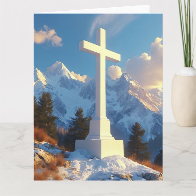 White Holy Cross in Majestic Snowy Mountains Card (Front)