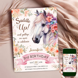 White Horse 3rd Birthday Floral Girl Saddle Up Invitation