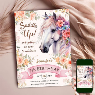White Horse 7th Birthday Floral Girl Saddle Up Invitation