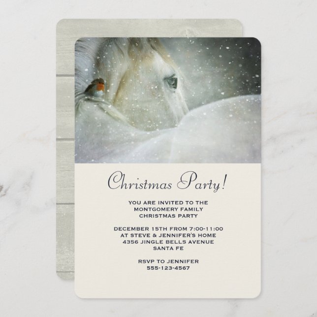 White Horse and Bird in Winter Christmas Party Invitation (Front/Back)